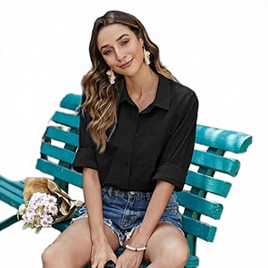 RNSHANGER Women's Summer Breathable Casual Cotton Linen Solid <b>Blouse</b> Loose Fit Harajuku Style Long Sleeve Button Shirt - Product Image 3