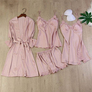 Ensembles de quatre pièces en dentelle et satin, tenues de détente, robes de mariée florales d'été, chemises de nuit en soie pour femmes - Product Image 2