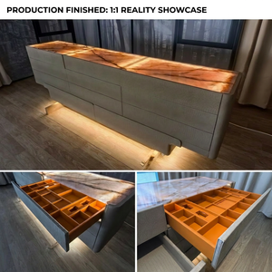 <span class=keywords><strong>Coiffeuse</strong></span> de luxe moderne avec plateau en quartz <span class=keywords><strong>rose</strong></span>, finition chêne, cuir de crocodile, glissières à ressort haut de gamme et éclairage intelligent à détection. - Product Image 5
