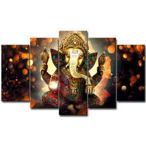 Custom Gespannen Canvas Art Prints Indische God Neus Olifant Kunstwerk 5 Panelen Wall Art Foto Schilderijen Canvas Schilderij