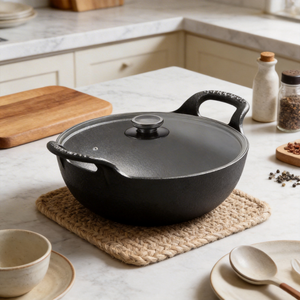 Mini <span class=keywords><strong>Wok</strong></span> Ecológico de Hierro Fundido con Tapa de Madera - Sartén Antiadherente de Fondo Plano con Asa de Bucle para Inducción y Gas - Product Image 4