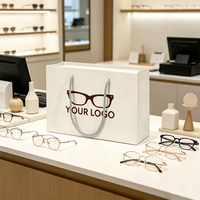 Sac cadeau élégant en papier blanc avec logo personnalisé et motif lunettes – Emballage haut de gamme pour boutiques d'optique et de lunettes