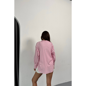 Camisa de Seda y Algodón a Rayas Rosas de Corte Holgado para Mujer, con Logotipo Bordado, Estilo Moderno, Larga, para Primavera, Verano y Otoño - Product Image 3