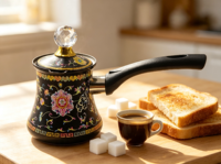 Cafetière turque Cezve en émail floral vintage noir avec couvercle, poignée résistante à la chaleur, ibrik pour cuisinière, cafetière arabe