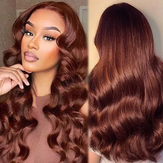 Brazilian Human Hair Double Drawn Wig with Frontal,Reddish Brown Colored Body Wave Raw Hair Real HD Glueless Lace Front Wigs