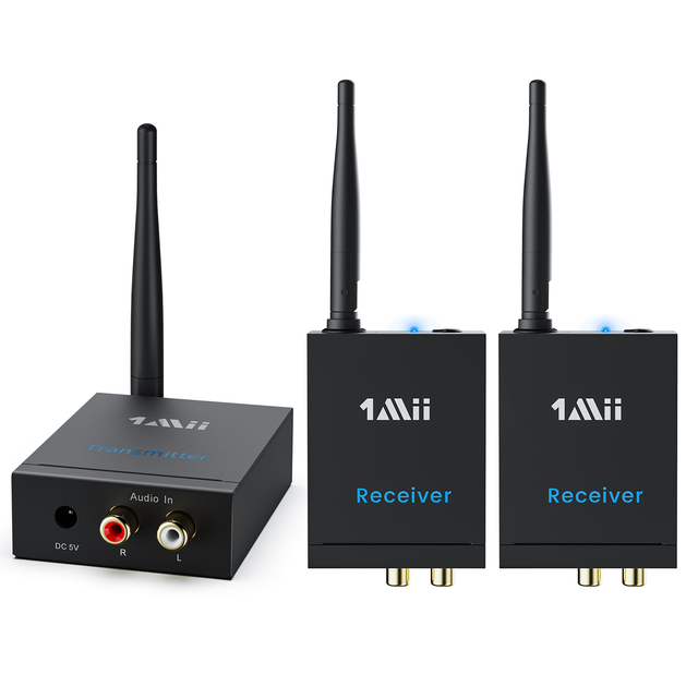 1Mii 2.4G Wireless Audio Transmitter and Receiver 100m Long Distance No Delay 44.1kHz/24bit HiFi 1TX+2RX Set for TV/Speaker/Amp