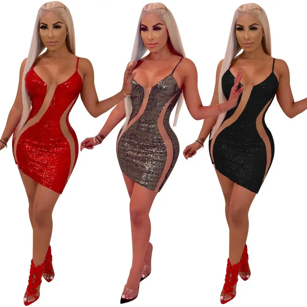 High-quality new products Sexy Low Cut Dress Sleeveless Women Sequined Bodycon Night Club Mini Dress