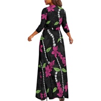 Robe longue maxi pour femme, style floral polynésien, col en V, manches 3/4, taille nouée, grande taille, coupe cache-ventre flatteuse