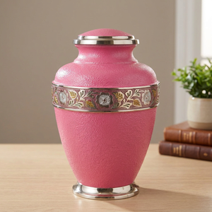 Urna Funeraria de Metal Rosa, Florero Decorativo para Cenizas, con Banda Floral, para Mesa, Suministros Funerarios - Artesanía India - Product Image 2