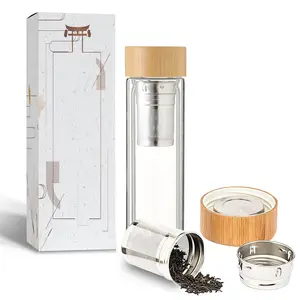 New Unique High-End Double Wall Insulated Glass Tea Fruit Long Infuser Glass Water Bottle with Bamboo Lid