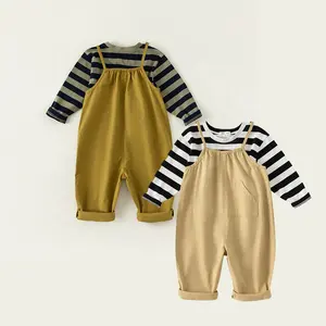 Kids Wear Set Minimalist Series Casuals Loose Striped T-shirt Long Suspender Jumpsuit Sets For Kids 2 Piece Girl Clothes Set