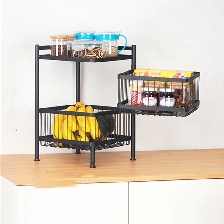 2-Tier Floor Standing 360 Rotating Fruit And Vegetables Basket Kitchen Storage Rack For Kitchen Living Room With Wheels Top Lids