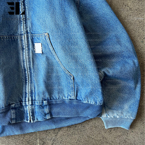 LARSUR Custom Distress Wash Faded Twill <strong>Denim</strong> Hood Work <strong>Jacket</strong> with Blanket Lined Worker Detroit Carpenter <strong>Jacket</strong> Chore Coat