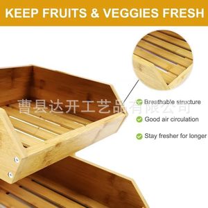 Wooden Three Tier Fruit <b>Vegetable</b> Storage Rack With Hooks For Kitchen Living Room - Product Image 4