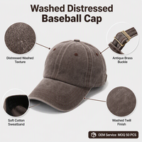 Gorra de béisbol marrón lavada y desgastada, ajustable, estilo casual para exteriores, de seis paneles, OEM al por mayor