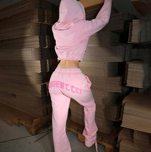 Custom Pink Distressed Sweatsuit Women 2 Piece Set French Terry Cotton Vintage Wash Streetwear Tracksuit <b>Hoodie</b> - Product Image 1