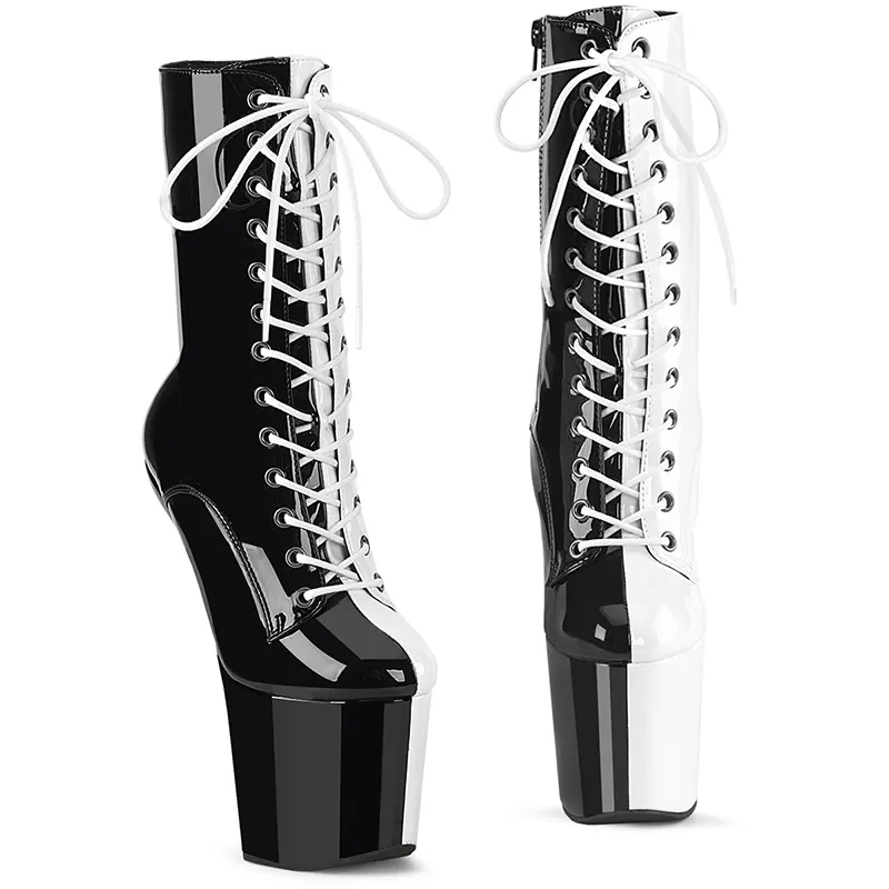 20CM / 8 Inch Patent Upper Walking or Dancing Heel-less Platform Two Tone Lace-Up Front Ankle Boots Pole Dance Shoes