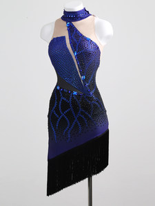 Nouvelle Robe de Danse Latine Noire et Bleue pour Femme 2026, Entièrement Ornée de Diamants, Coupe Ajustée, à Franges, pour Performance Professionnelle Adulte, en Soie/Coton, En Stock - Product Image 4