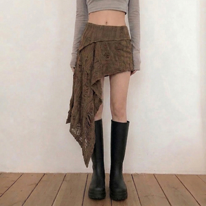 Falda Asimétrica Desgastada para Mujer, Falda Cruzada Marrón Vintage con Dobladillo sin Rematar, Estilo Boho Chic, Nueva Llegada 2026 - Product Image 3