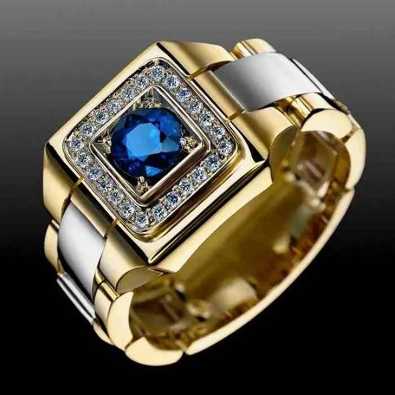 Anel gefullter de ouro, joias masculinas quadradas, em azul, criado safiras, anel de noivado
