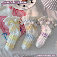 Chaussettes moelleuses pour femmes, chaussettes en polaire corail, design nœud papillon et pompon, chaussettes d'hiver douces et chaudes pour filles, chaussettes de sol
