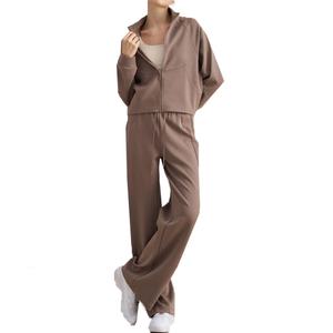 Ensemble de survêtement sportif 2 pièces en coton pour femme, couleur unie, col montant, style décontracté, tissage, saison d'automne - Product Image 1