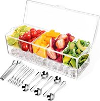 Plateau de service transparent 5 compartiments pour condiments, légumes glacés, garnitures et fruits, avec couvercle, pour bars ou fêtes, avec fourchette et cuillère à clip