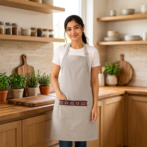 Tablier en lin de qualité supérieure |   Tablier en lin beige naturel avec poche décorative brodée sur le devant |   Tablier de cuisine réglable - Product Image 2