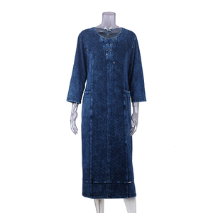talla grande azul a cuadros Falda de tubo de tela vaquera suelta cuello redondo encaje hasta tres cuartos vestido largo - Product Image 4