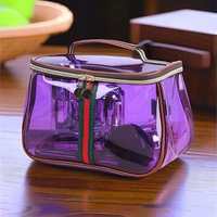 Trousse de Maquillage Vintage Marron Transparente en PVC avec Ruban Rayé Décoratif, Sac Cosmétique Portable de Voyage à Main