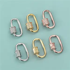 Pave CZ Carabiner Pendant Clasp S925 Sterling Silver Oval Carabiner Screw Lock For DIY Jewelry Making