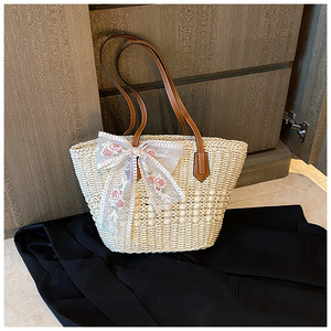 Bolso Tote de Paja Estilo Bohemio con Lazo Floral, Dos Asas, Bolso de Compras para Mujer, Cierre Abierto, Verano - Product Image 1