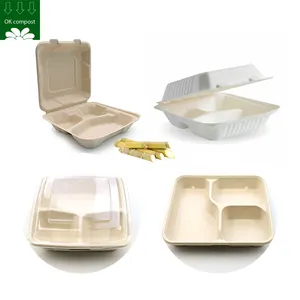 Benutzer definierte kompost ierbare Einweg-Zuckerrohr Bagasse 3 CP Lunch Food Box mit drei Fächern Bento To Go Container mit Deckel