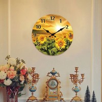 Jam Dinding Kayu Artistik Desain Bunga Matahari di Bawah Sinar Matahari, Jam Dinding Senyap 10-16 Inci, Cocok untuk Ruang Tamu, Kamar Tidur