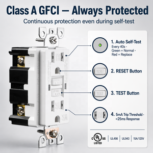 เต้ารับ GFCI แบบทดสอบตัวเองได้ BAREP CULus Listed 15A 125V รุ่น TR WR พร้อมไฟ LED สำหรับใช้ภายนอกอาคาร เช่น ห้องครัวและห้องน้ำ - Product Image 1