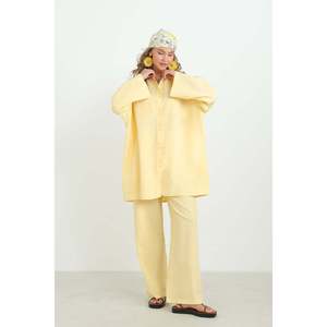 LOREEN Women's Button Detail Oversize Shirt and <b>Trousers</b> Set - Comfortable Casual Two-Piece Outfit in Yellow for Daily Wear - Product Image 1