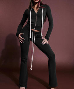 Completo Sportivo da <span class=keywords><strong>Donna</strong></span> 2026 Personalizzato, Set 2 Pezzi <span class=keywords><strong>con</strong></span> Felpa <span class=keywords><strong>con</strong></span> <span class=keywords><strong>Cappuccio</strong></span> e Zip, <span class=keywords><strong>Tuta</strong></span> Aderente <span class=keywords><strong>con</strong></span> Felpa e Pantaloni a Zampa in Maglia - Product Image 2