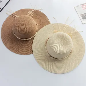 Summer Beach Simple Style Braided Bands Wide Brim Floppy Flat Top Female Foldable Sun Paper Straw Hats