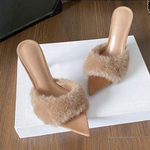 Sandales mules à talon aiguille en fourrure douce pour femme, avec semelle intérieure confortable, élégantes, à bout ouvert, à enfiler, pour les soirées, les rendez-vous et le quotidien - Product Image 1