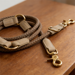 Collar y correa de perro mascota de cuero suave trenzado personalizado correa de perro de cuero nobuk ajustable de 2M con <span class=keywords><strong>2</strong></span> ganchos para todas las razas - Product Image 2