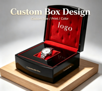 Boîte cadeau pour montre avec logo personnalisé, noir brillant, rectangulaire, doublure en velours rouge, gaufrage, laminage mat, impression quadricolore, UV