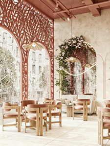 Conception d'intérieur clé en main pour café-restaurant français, aménagement de café Wabi Sabi, comptoir de bar personnalisé en microciment, bois et terrazzo - Product Image 5