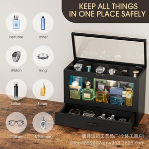 Black Perfume Storage <b>Box</b> With Drawer And Lid Desktop Organizer For Watches Glasses <b>Makeup</b> - Product Image 2