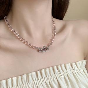 Collier transparent Saturne chaîne de clavicule en argent pleine de diamants brillants collier de planète niche tour de cou soucoupe volante - Product Image 1