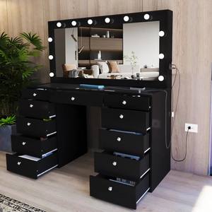 Wholesale Vintage Black Wood Makeup Vanity Desk with <strong>Mirror</strong> and Light Professional <strong>Cheap</strong> Women's Led Glass Makeup Dressing Table - Product Image 5