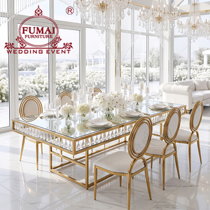 Golden Metal Frame Tempered Glass Top Dining <b>Table</b> Modern Contemporary Hotel Furniture - Product Image 1