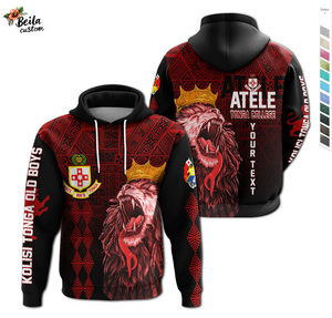 Sudadera con capucha personalizada Kolisi Tonga Atele Old Boys, estampado de Leones rojos, estilo largo de invierno con cremallera, poliéster antiarrugas 100% - Product Image 1