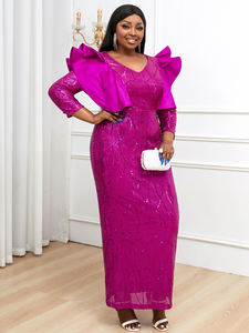 가을 하이 웨이스트 자홍색 맥시 프릴 레이디 글리터 스팽글 칵테일 원피스 - Product Image 2