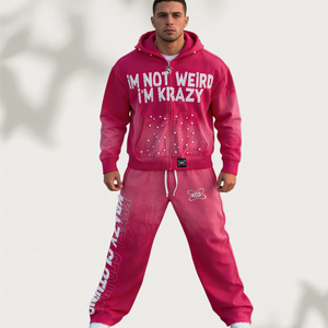 Ensemble de survêtement 2 pièces pour homme en molleton bouclette, avec fermeture éclair, strass et perles, grammage lourd, personnalisé par usine OEM, pour l'hiver - Product Image 2