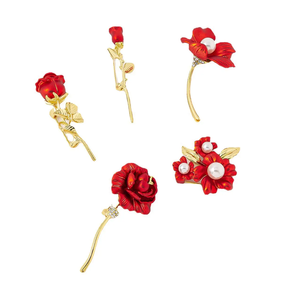 여성용 도매 인기 한국식 붉은 장미 꽃 브로치 핀